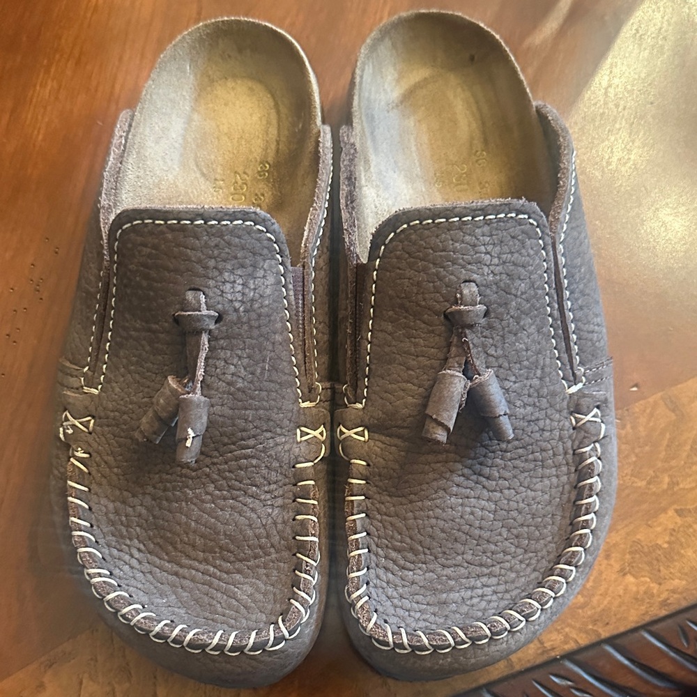 Birkenstock Brown Leather Tassel Slip-On Sandals